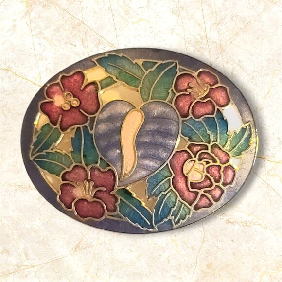 Vintage Gold Tone Cloisonne Tropical Arthurium Flowers Large Brooch Lapel Pin - Picture 1 of 10
